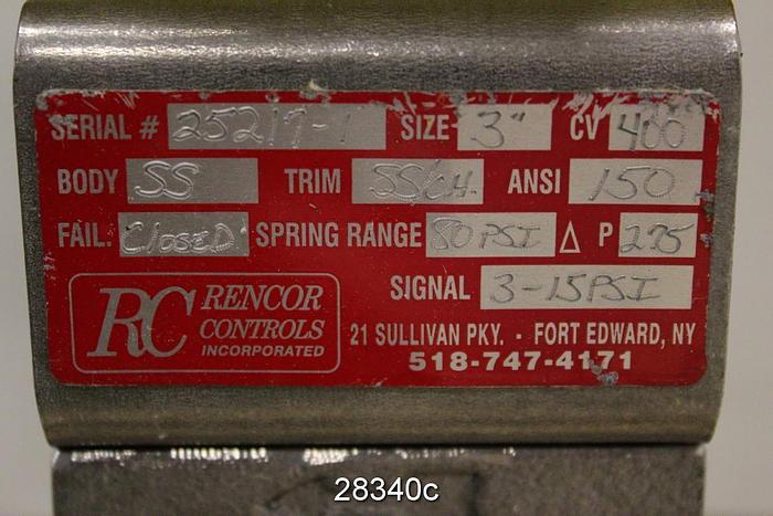 Used Rencor Controls  3" V-ball Valve, Stainles #28340