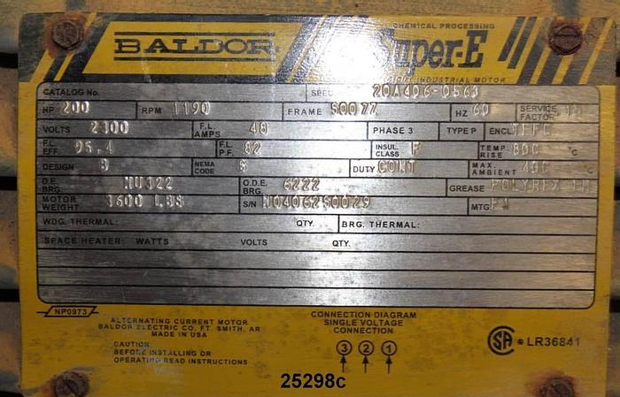 Used Baldor 20A406-0563 Ac Motor, 200 Hp, 1190 Rpm, 2300 Volts, 60 Hz, 1.5 Sf, 5007Z Frame, Code G, Design B, Class F, 95.4% Efficiency, 82% Pf, Drive End Bearing Nv322, Opp End Bearing 6222 #25298