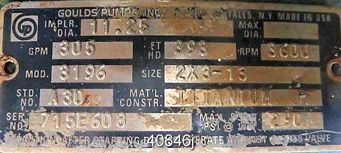 Used Goulds 3196 2x3x13 Pump, 5-Vane, 11.25" SS Impeller #40846