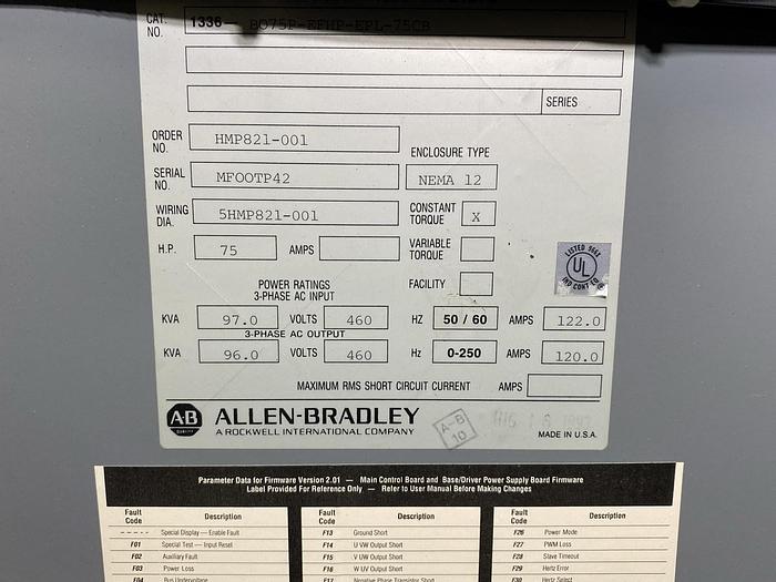 Used ALLEN BRADLEY B075-EDH-L3-S1 75HP PULPER DISCHARGE VFD