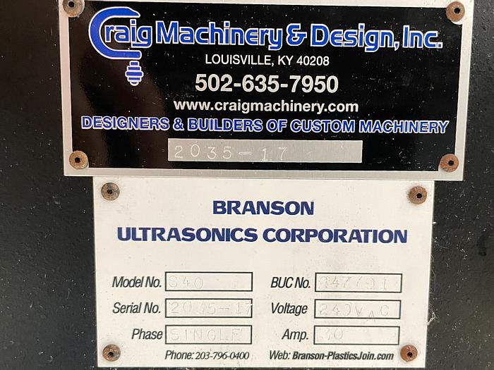 Used BRANSON S40 ROTARY 2000X ULTRASONIC WELDER SYSTEM CELL 20:4.0 4000 WATT WITH CAMCO 6 POSITION INDEX TABLE AND PNEUMATIC PRESS  Title *
