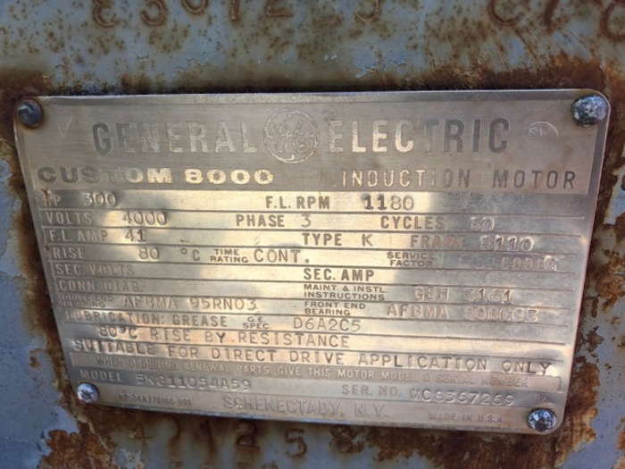 HB18254 electric motor GE 300 HP 4160 volts