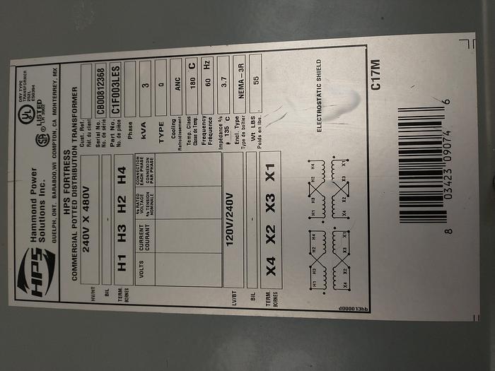 Used HPS HAMMOND POWER SOLUTIONS C1F003LES 240v x480v 3KVA Transformer (GH#112)