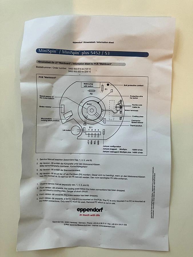 eppendorf MiniSpin Mainboard PCB 5452-852-014
