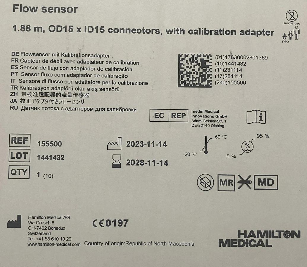 Hamilton Medical Neonatal Disposible Flow Sensor  155500 box of 10