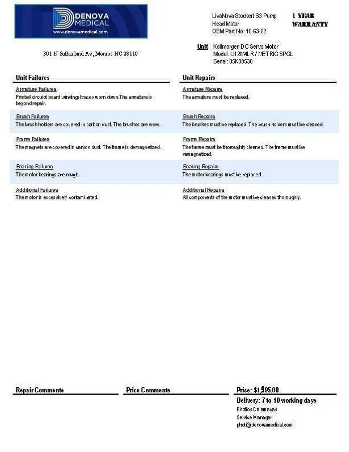 Refurbished LivaNova Stockert S3 Pump Head ServoDisc DC Motor 10-63-02 Rebuild Service