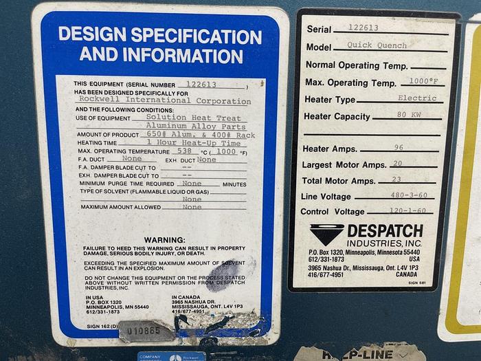 Used Despatch Industries Dropbottom Quick Quench Furnace