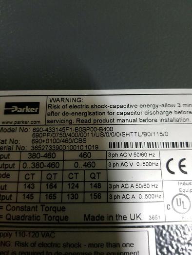 Used Parker 690+0100/460/CBS  690-433145F1-B0SP00-B400 75KW