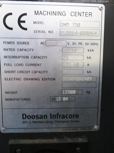 Used 2013 Doosan DNM 750 CNC Vertical Machining Center