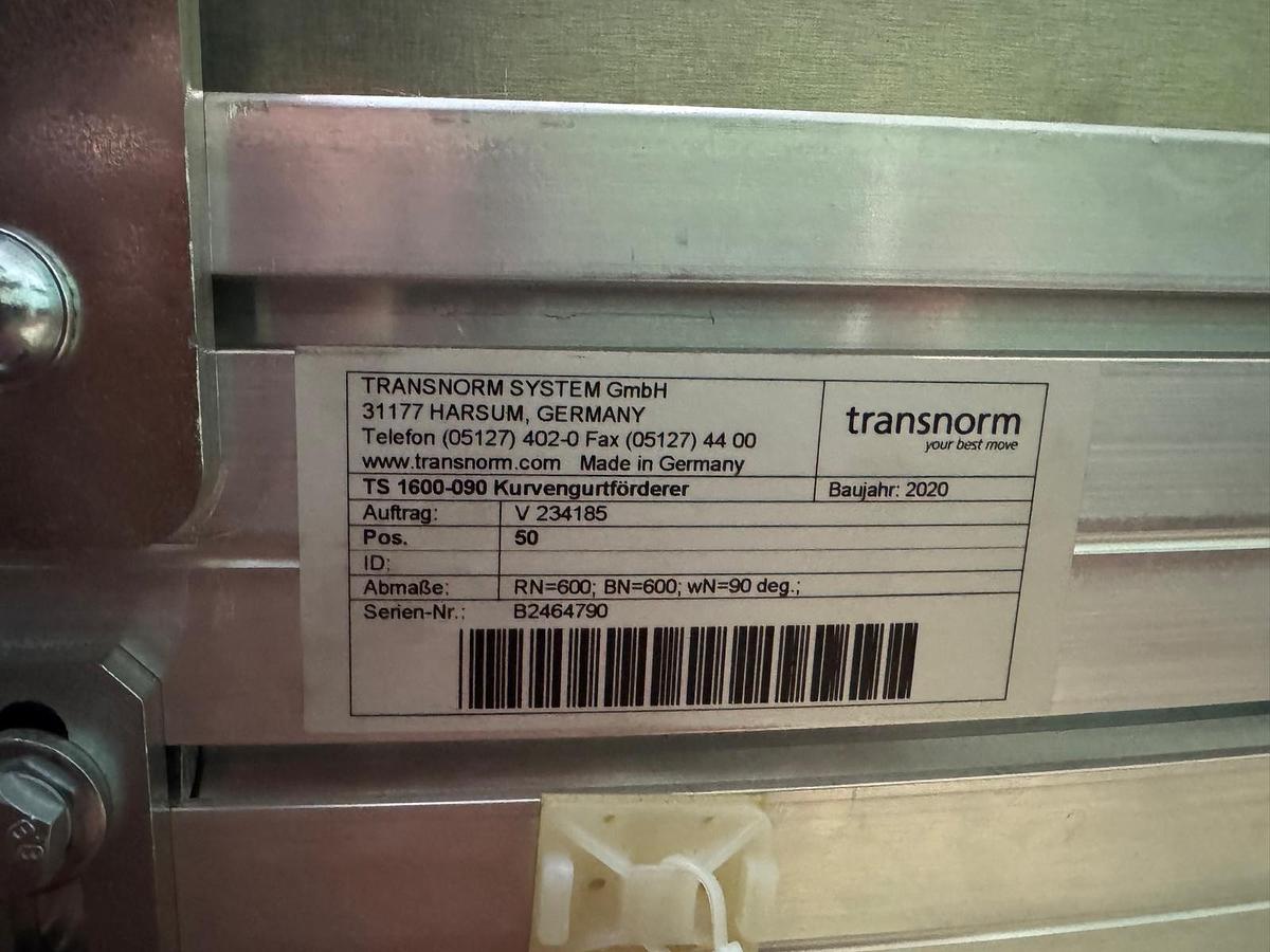 Used 2020 Transnorm Kurvengurtbandförderer, Gurtbandkurve 90 Grad