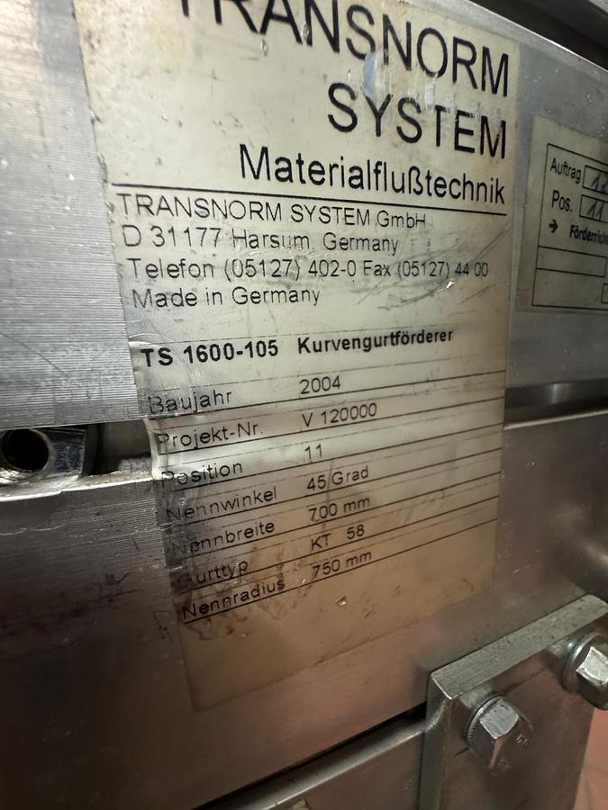 Used 2004 Transnorm Kurvengurtbandförderer 45 Grad mit Antrieb