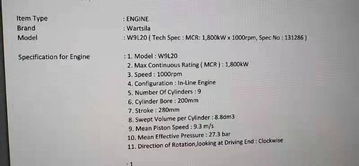 Wartsila W9L20 New marine propulsion 2015 built.