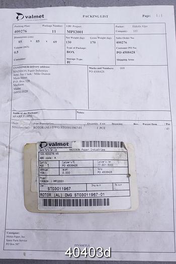 Unused Valmet Pressure Screen Rotor Model TAP340 #40403