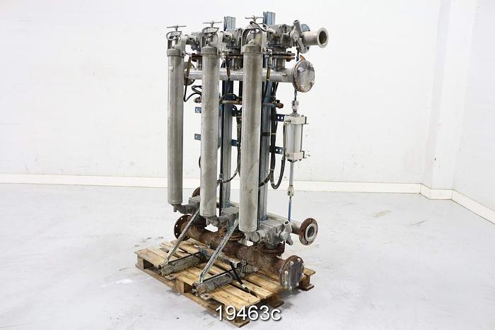 Used Ronningen Petter  3-Canister Filter Bank, With Modicon Programmable Control System, (1) Pe0001 Power Supply, (1) Pc0085 Controller, (2) 011131 Contacts, (1) 011130 Contact, .007" Slots, 3 Tubes Per Insert #19463