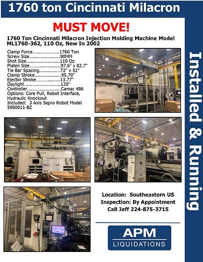Used 2002 Cincinnati Milacron 1760 ton Injection Molding Machine, 110oz, 2002 ML1760-362