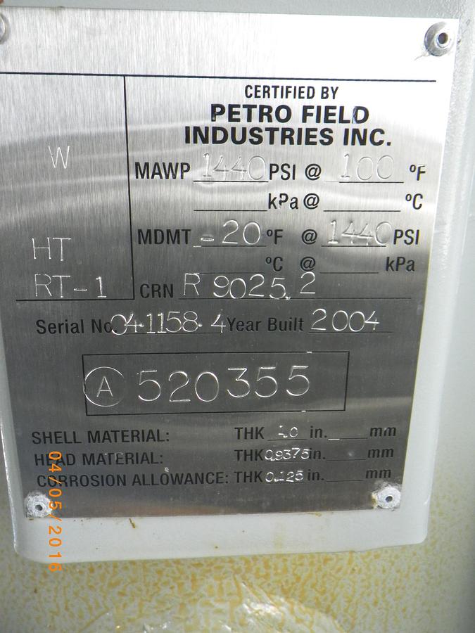 Used 20" 1440# Sour Vertical Separator Package
