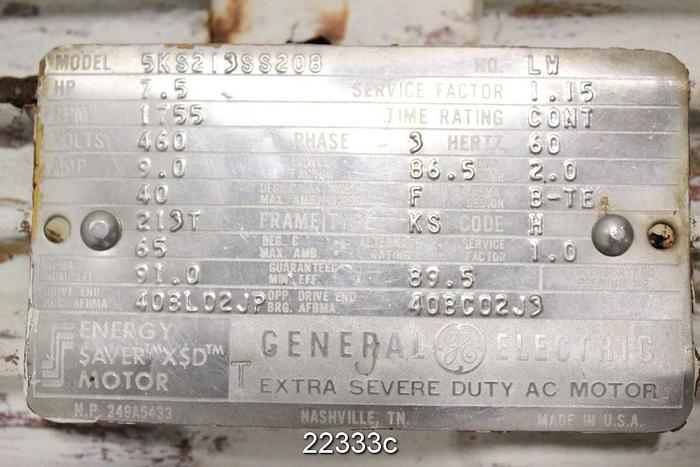 Used General Electric 5KS213SS208 Motor, 7.5 Hp, 1755 Rpm, 460 Volt, 213T Frame, 9.0 Amp, 1.15 S.F., Type: Ks, 3-Phase, 60 Hz #22333