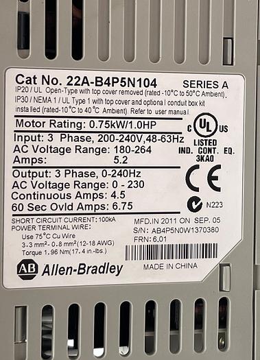 Used Allen-Bradley 22A-B4P5N104 Ser A 22-RF9P5-AS Ser A 