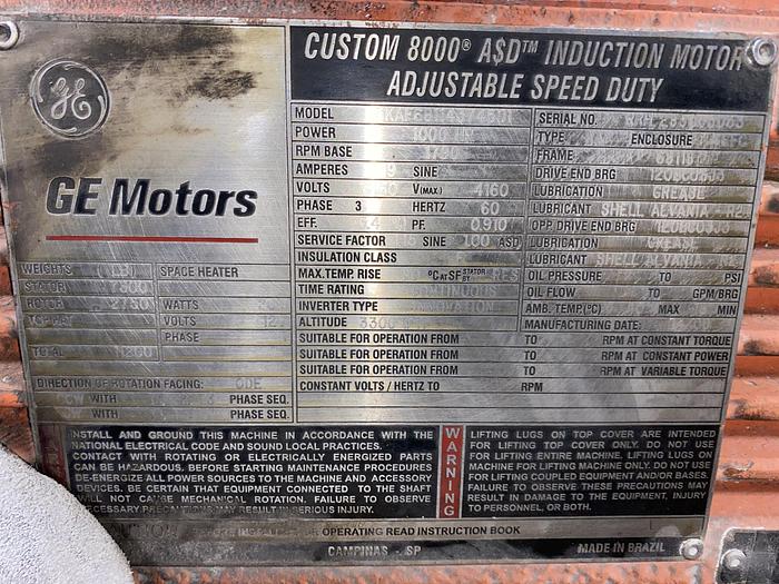 Used 1000 HP A$D INDUCTION MOTOR ADJUSTABLE SPEED 1790 RPM