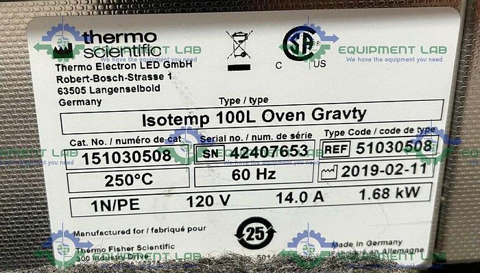 Fisher Scientific 151030508 Isotemp 100L Oven Gravity 250°C 3.75Cu Ft