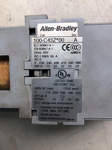 Used ALLEN BRADLEY CONTACTOR 100-C43Z*00 SER A, 100S-F Ser B, 100-S Ser B, Complete