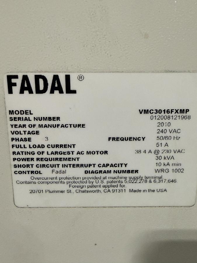 Used Fadal VMC 3016FXMP Vertical Machining Center, 