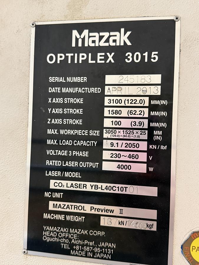 Used Mazak Optiplex 3015 CO2 Laser Cutter, 2013