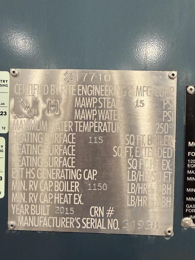Used RITE 120S NATURAL GAS LOW PRESSURE STEAM BOILER — 1,200,000 BTU/HR (28 HP)