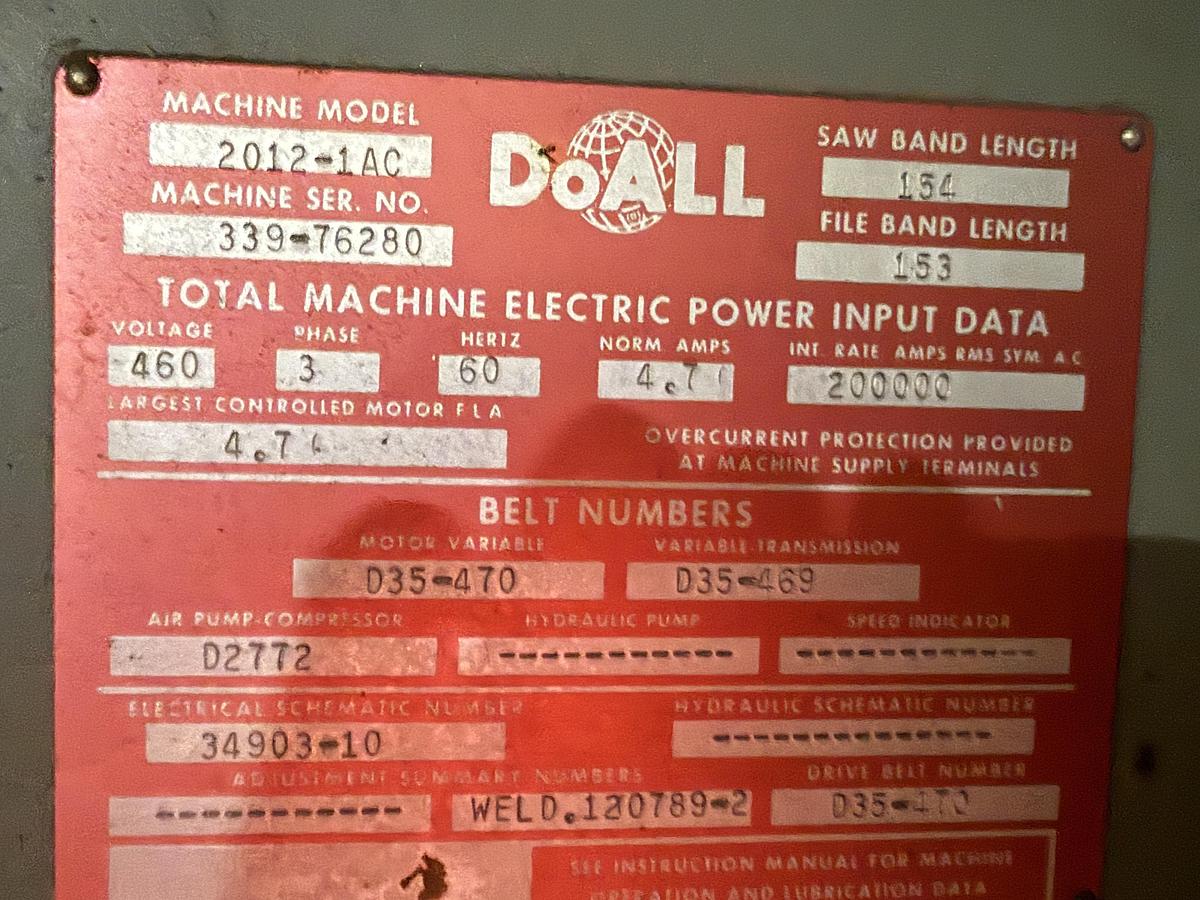 Used DoAll 2012-1AC, 20" Vertical Band Saw