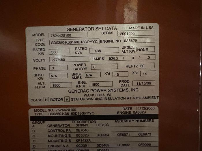 Used 350KW Generac LP Generator