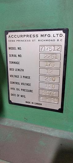 Used 12' X 175TON Accurpress Hydraulic CNC Press Brake