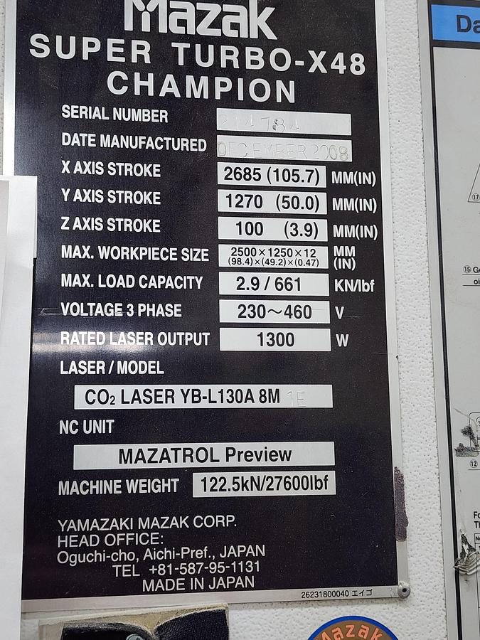 Used Mazak Super Turbo-X48 Champion Co2 Laser