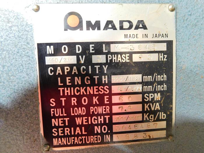 Used 3/16"x10' AMADA M3045 Mechanical Shear
