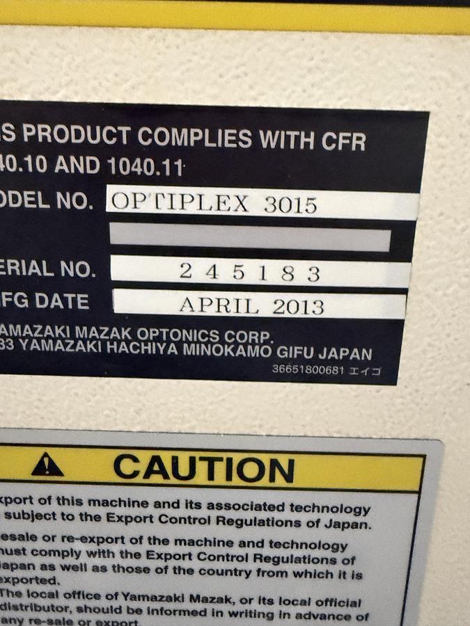Used Mazak Optiplex 3015 CO2 Laser Cutter, 2013