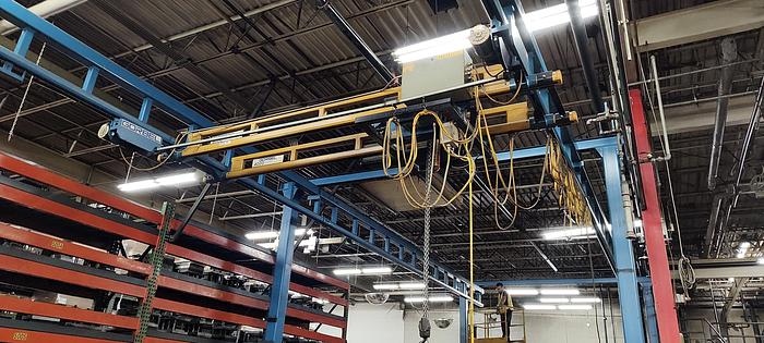 Used Gorbel 4,000 Lbs Bridge Crane with 2-ton Chain Hoist Powered Trolleys