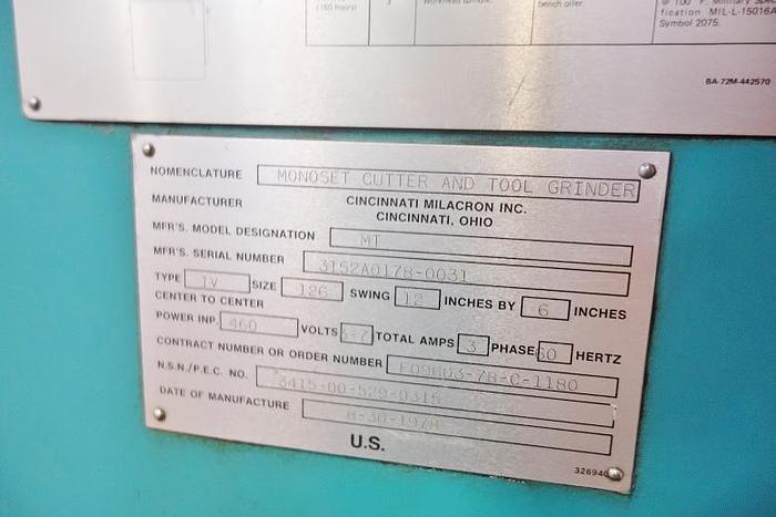 Used Cincinnati Monoset Tool and Cutter Grinder Including Tooling
