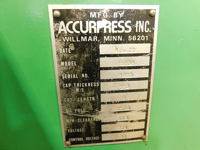 Used Accushear 62508 Hydraulic Shear 8'x1/4"