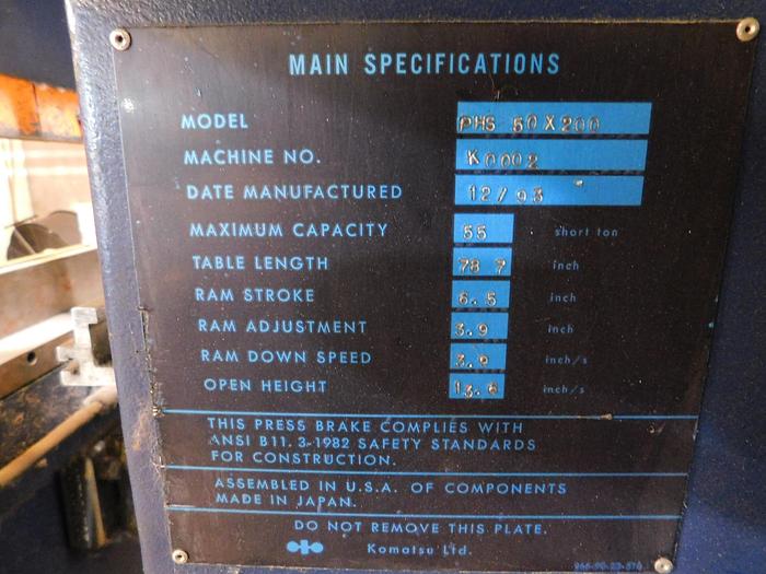 Used Komatsu PHS 6.5Ft Hydraulic CNC Press Brake