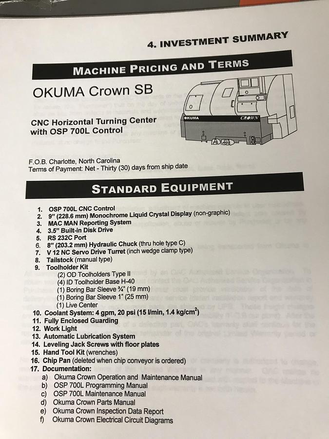 Used 1998 Okuma Crown 762S SB Lathe