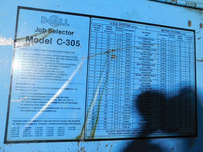 Used DoAll C305 Job Selector 12"x12" Horizontal Band Saw