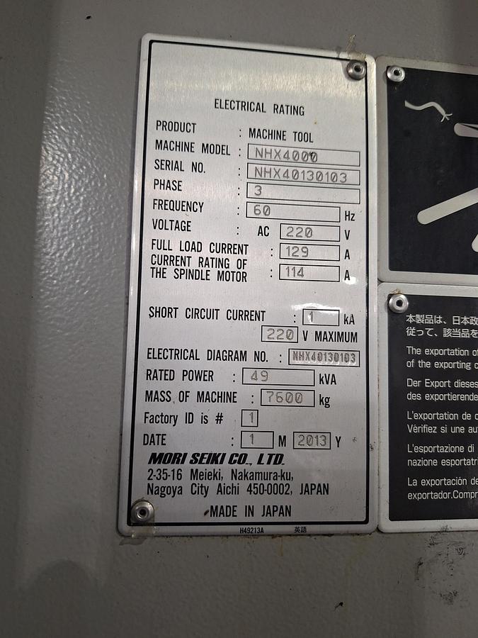 Used Mori Seiki NHX4000 Horizontal Machining Center