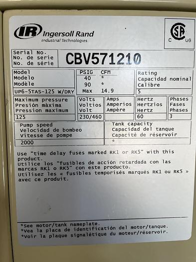 Used Ingersoll Rand 5HP Rotary Screw Air Compressor 120Gallon 18.5Cfm