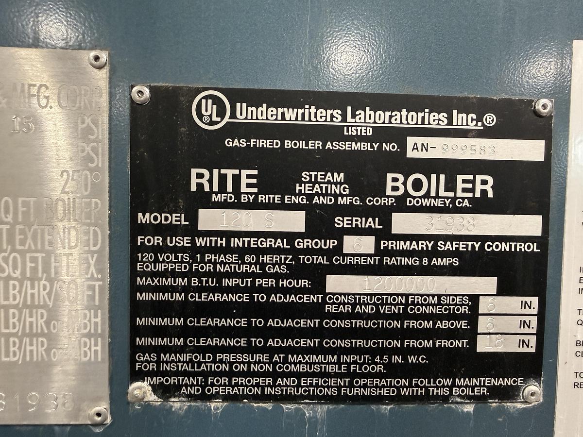 Used RITE 120S NATURAL GAS LOW PRESSURE STEAM BOILER — 1,200,000 BTU/HR (28 HP)