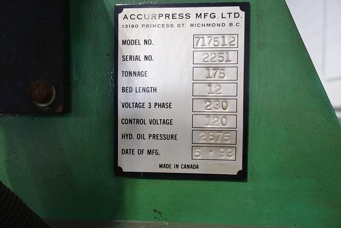 Used 12' X 175-TON Accurpress Hydraulic CNC Press Brake