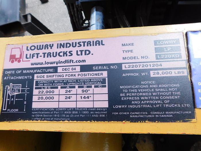 Used Lowry L220XD 22,000Lbs with Hydraulic Rigging Boom