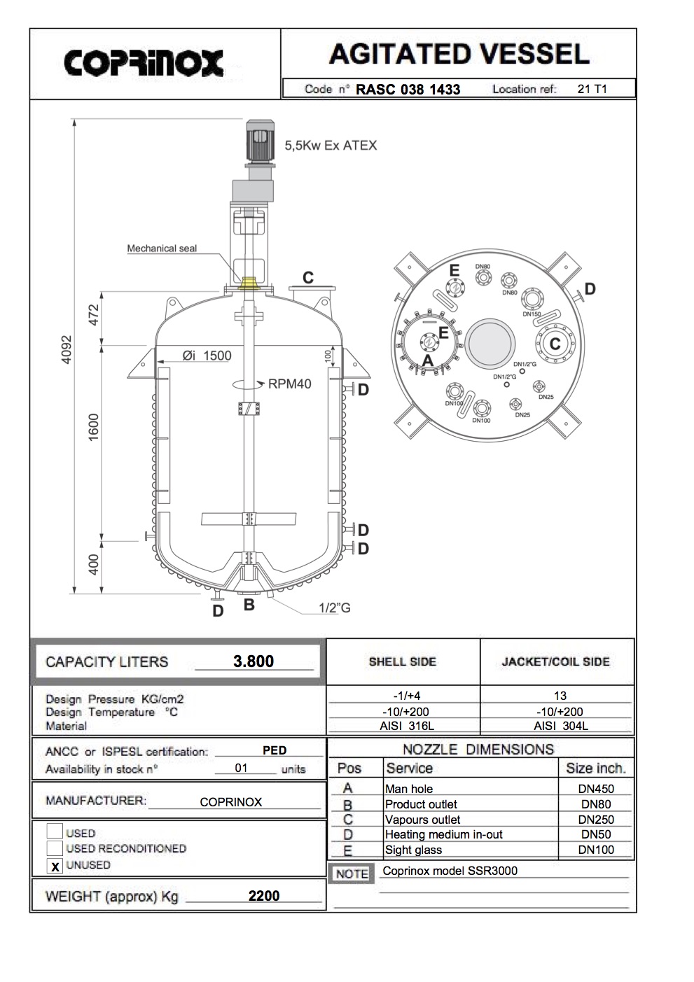 Reattore Coprinox SSR3000 in inox AISI316L