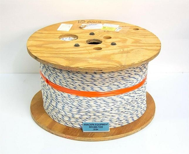 Used Blake 18-16-UL1015-96 Wire 18 AWG White/Blue Spiral Stripe 600V 5800 ft (9184)