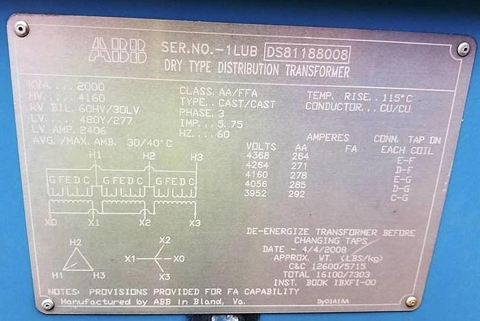 Used 2008 ABB 2000 KVA Used CAST-Coil Dry Transformers