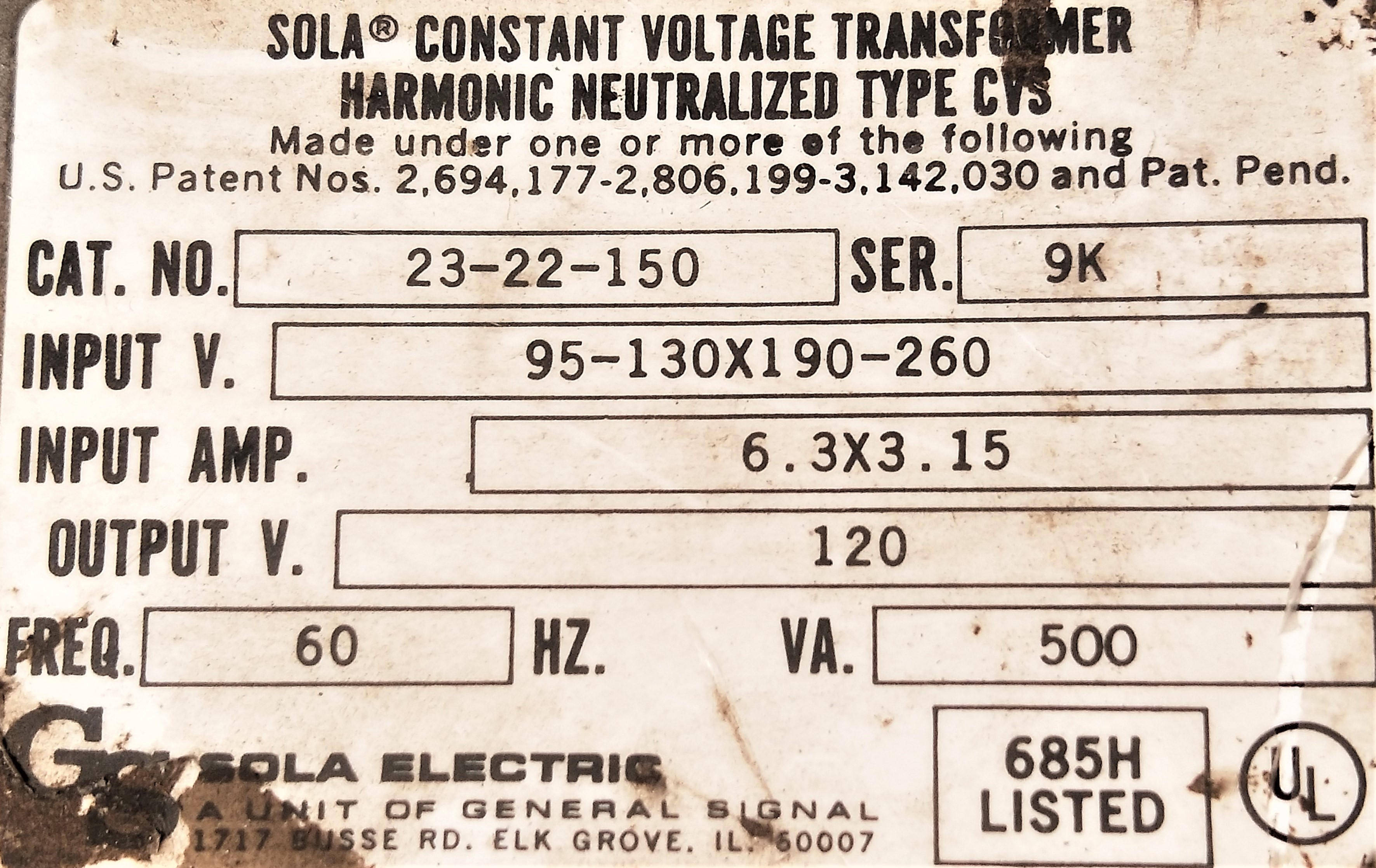 Used Sola 23-22-150 Constant Voltage Transformer