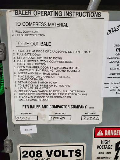 Used Baler, Vertical, PTR, Mdl 3400 HD, 10 HP, 30" X 60" B #C744123